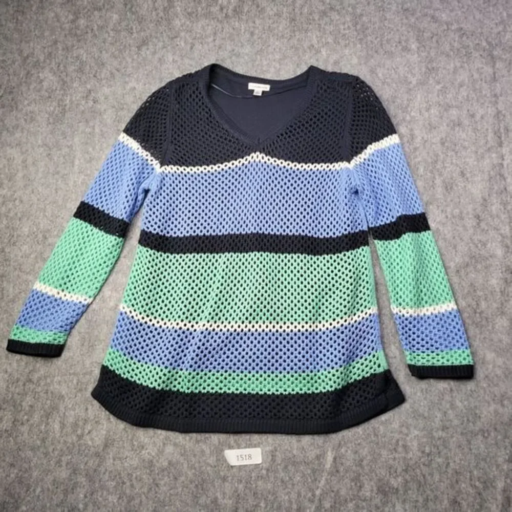 croft‎ and barrow women sweater xl open knit blue lined Striped Pullover
